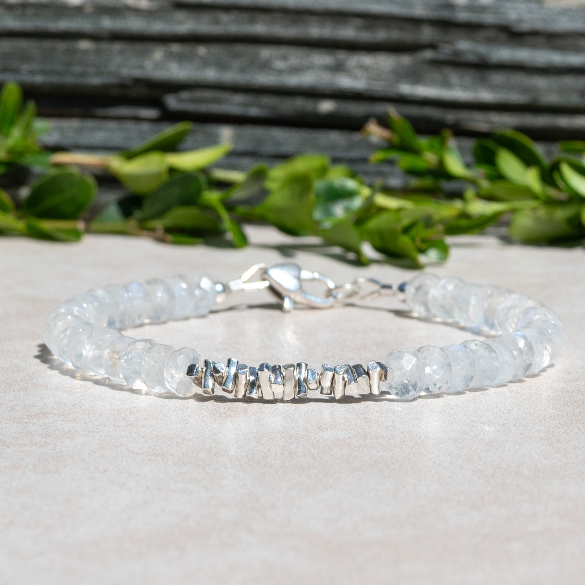 Natural Rainbow Moonstone June Birthstone Bracelet with Silver