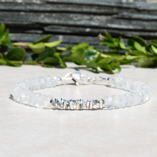 Natural Rainbow Moonstone June Birthstone Bracelet with Silver