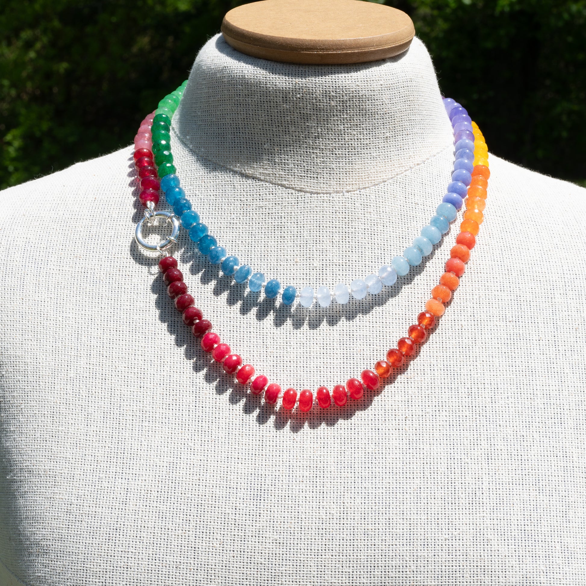 Super Long 38.5 inches dyed Jade rainbow necklace finished with a removable sterling silver clasp.