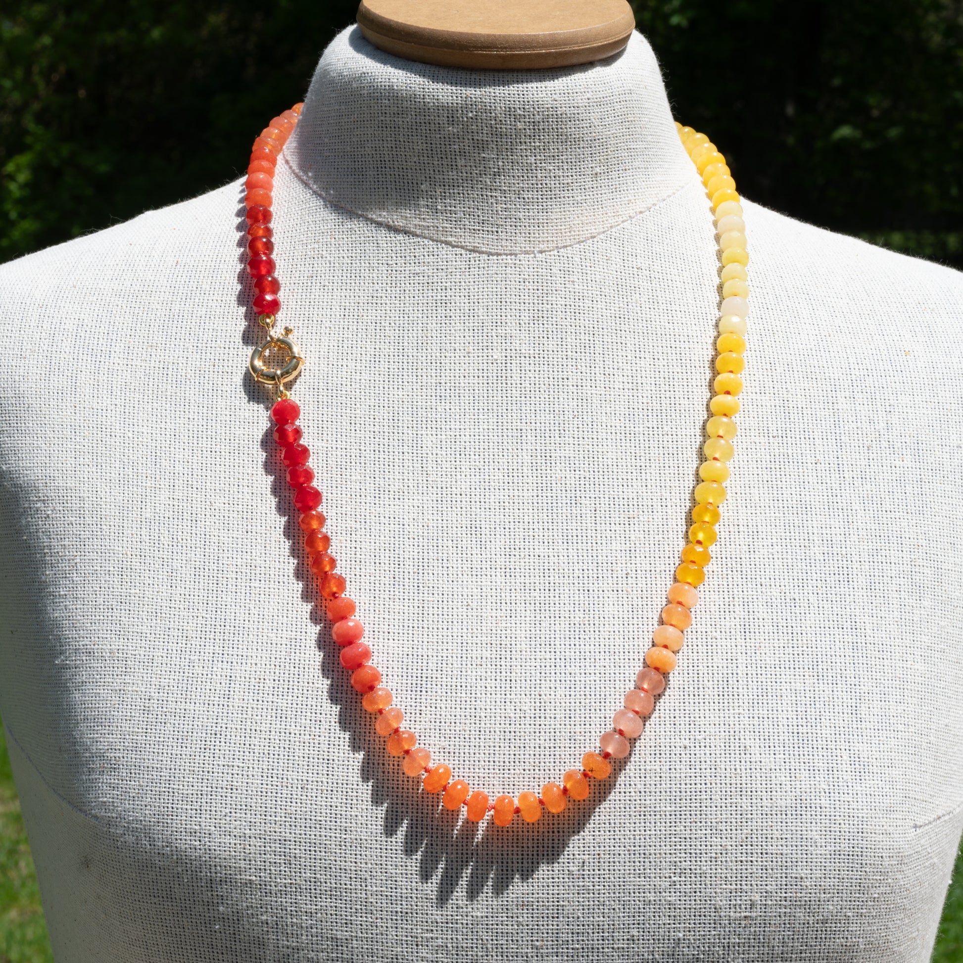 Hand Knotted Summer Sunset Gemstone Beaded Necklace. Made with orange, red and yellow Jade beads.