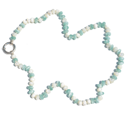 Natural Chatoyant and Mother of Pearl Hand Knotted necklace. Fabulous Green & White beads.