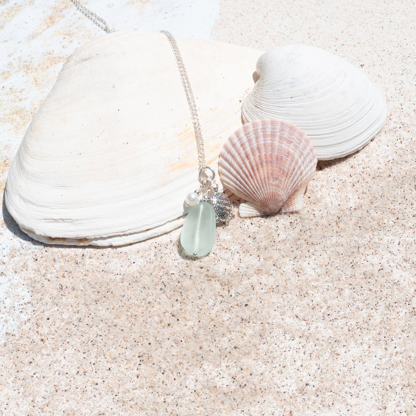 Sea Turtle, Freshwater Pearl and Sea Glass Charm Necklace