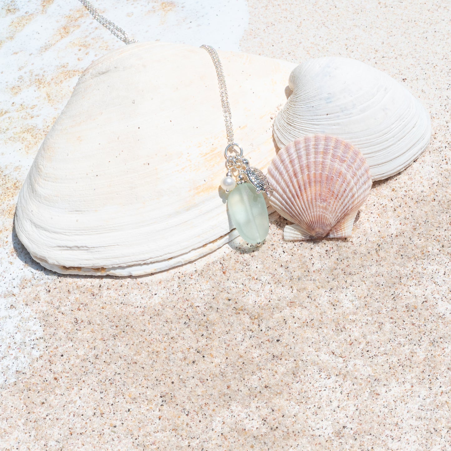 Sea Turtle, Freshwater Pearl and Sea Glass Charm Necklace