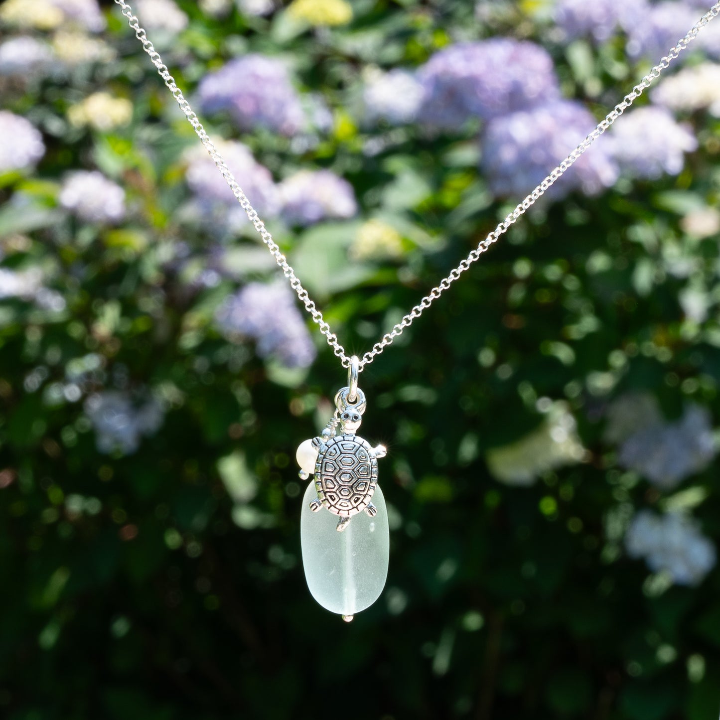 Sea Turtle, Freshwater Pearl and Sea Glass Charm Necklace