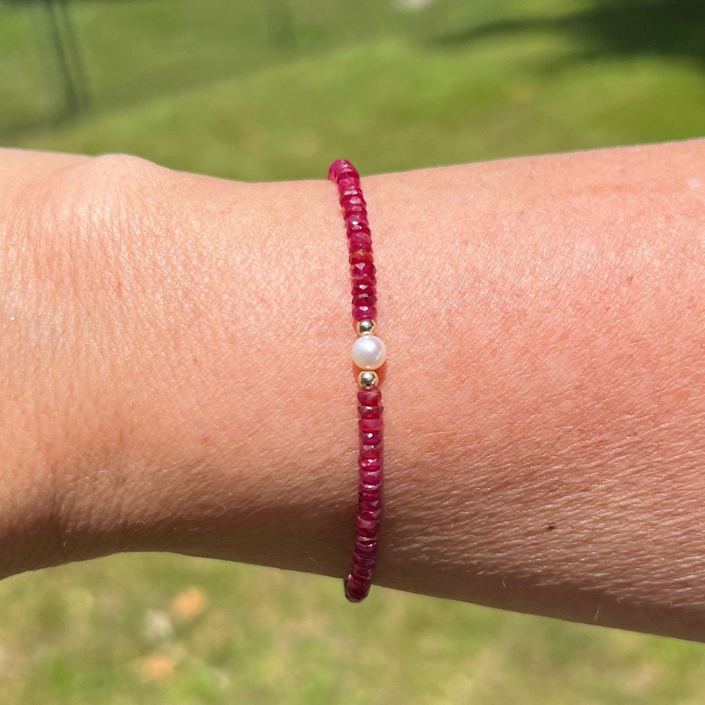 Natural Red Ruby & Freshwater Pearl June/July Birthstone Bracelet, Women's Handmade Custom Size and Finish