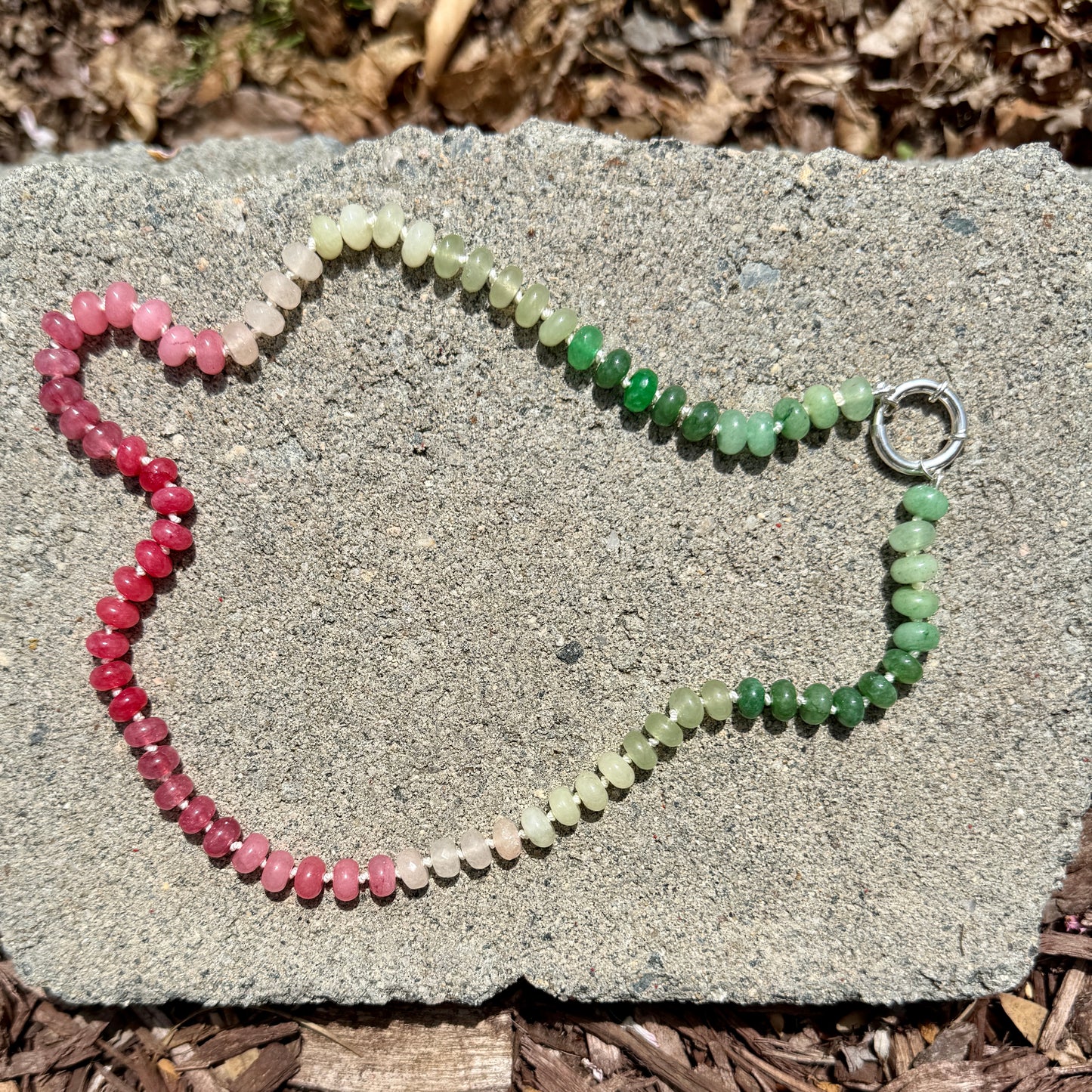 Watermelon colored ombre hand knotted necklace. 20.5 inches long.