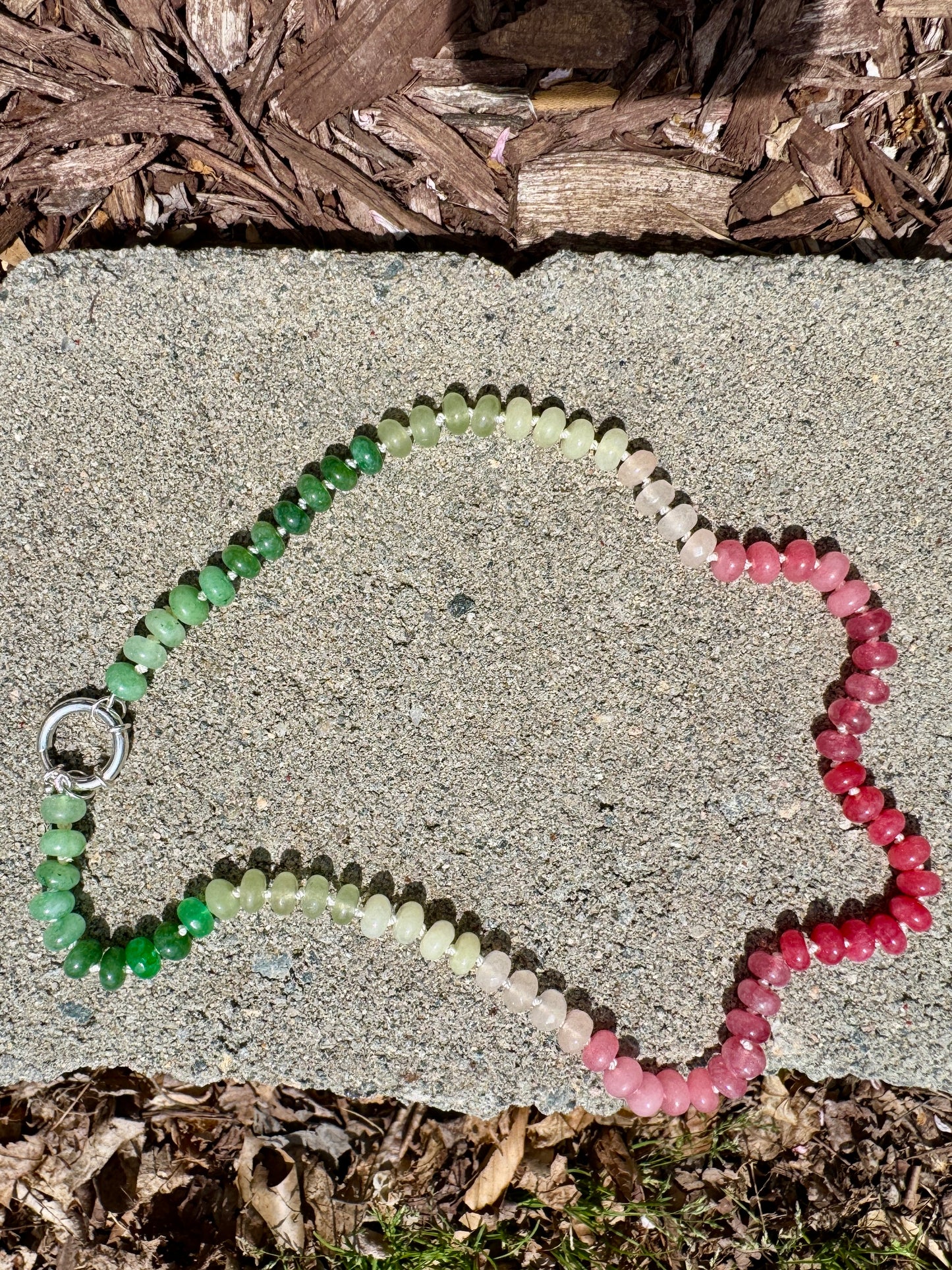 Watermelon colored ombre hand knotted necklace. 20.5 inches long.