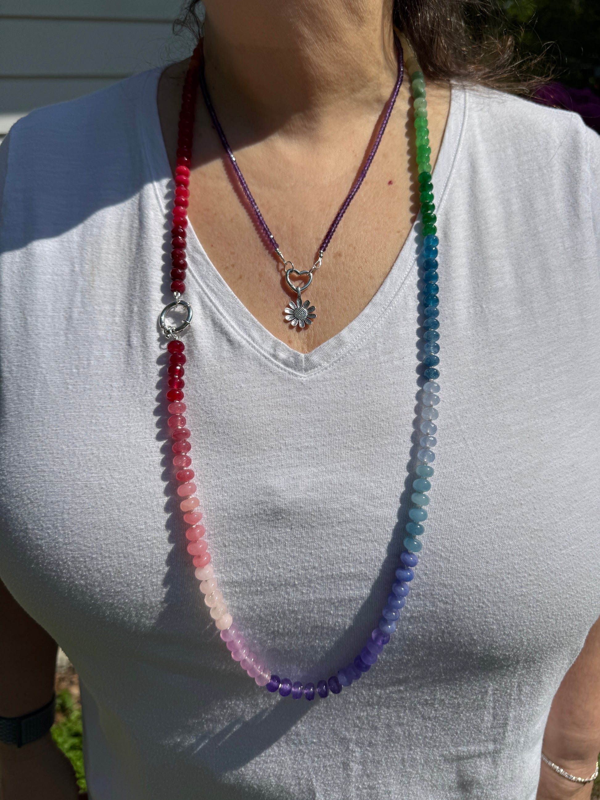 Super Long 38.5 inches dyed Jade rainbow necklace finished with a removable sterling silver clasp.