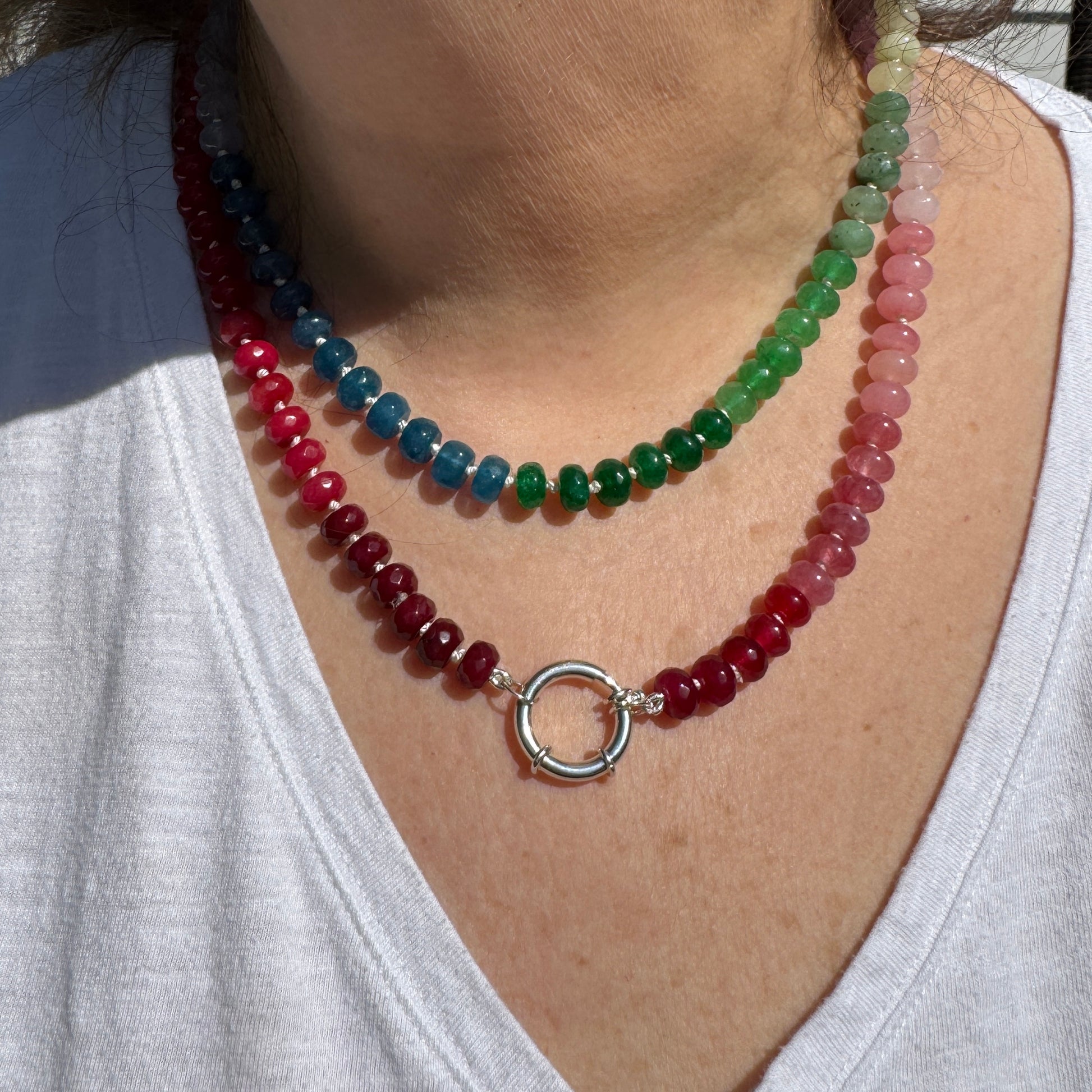 Super Long 38.5 inches dyed Jade rainbow necklace finished with a removable sterling silver clasp.