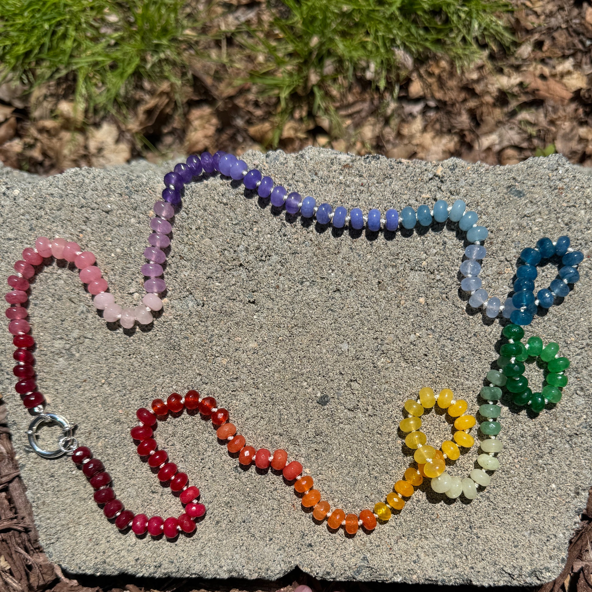Super Long 38.5 inches dyed Jade rainbow necklace finished with a removable sterling silver clasp.