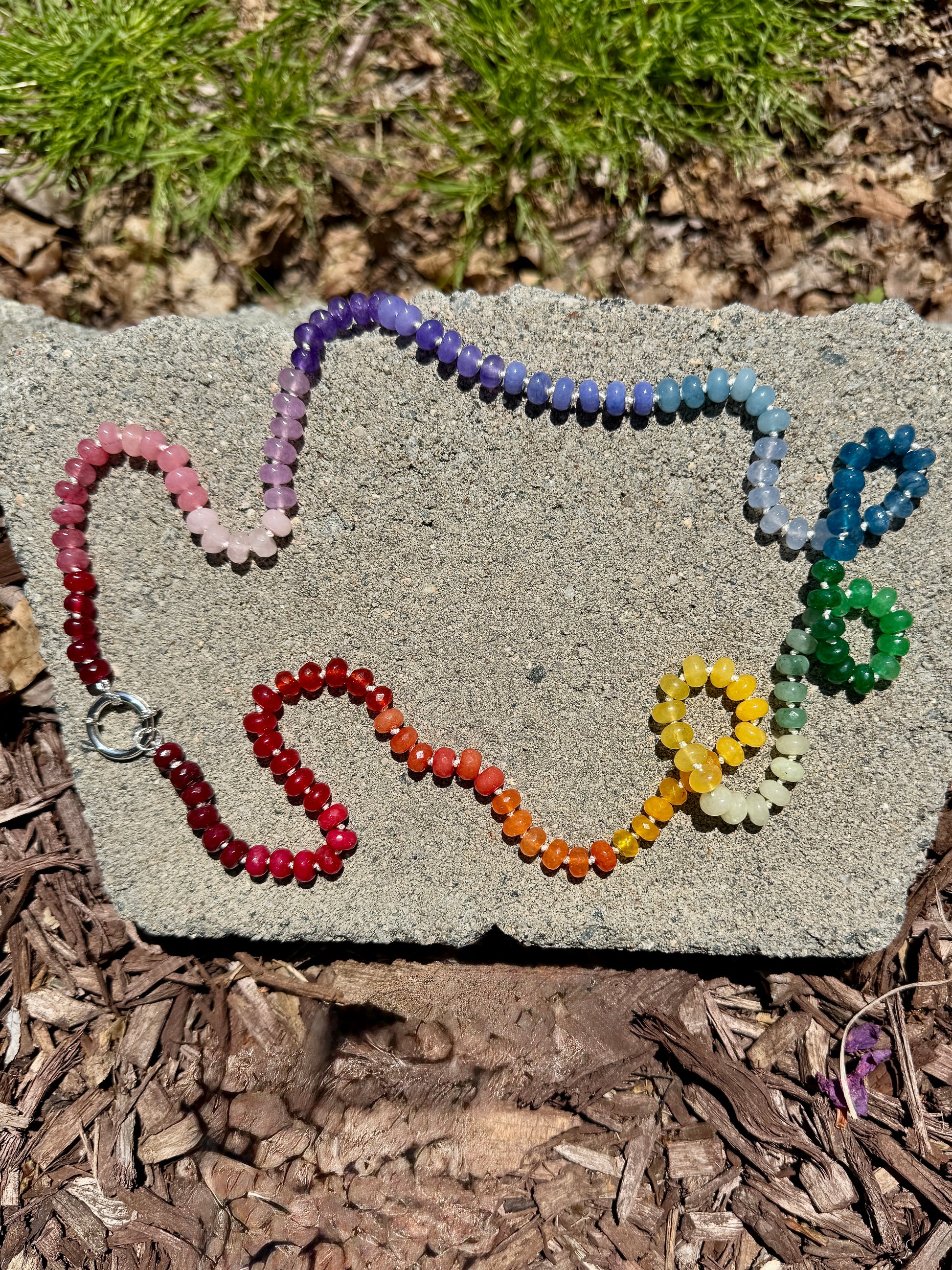 Super Long 38.5 inches dyed Jade rainbow necklace finished with a removable sterling silver clasp.