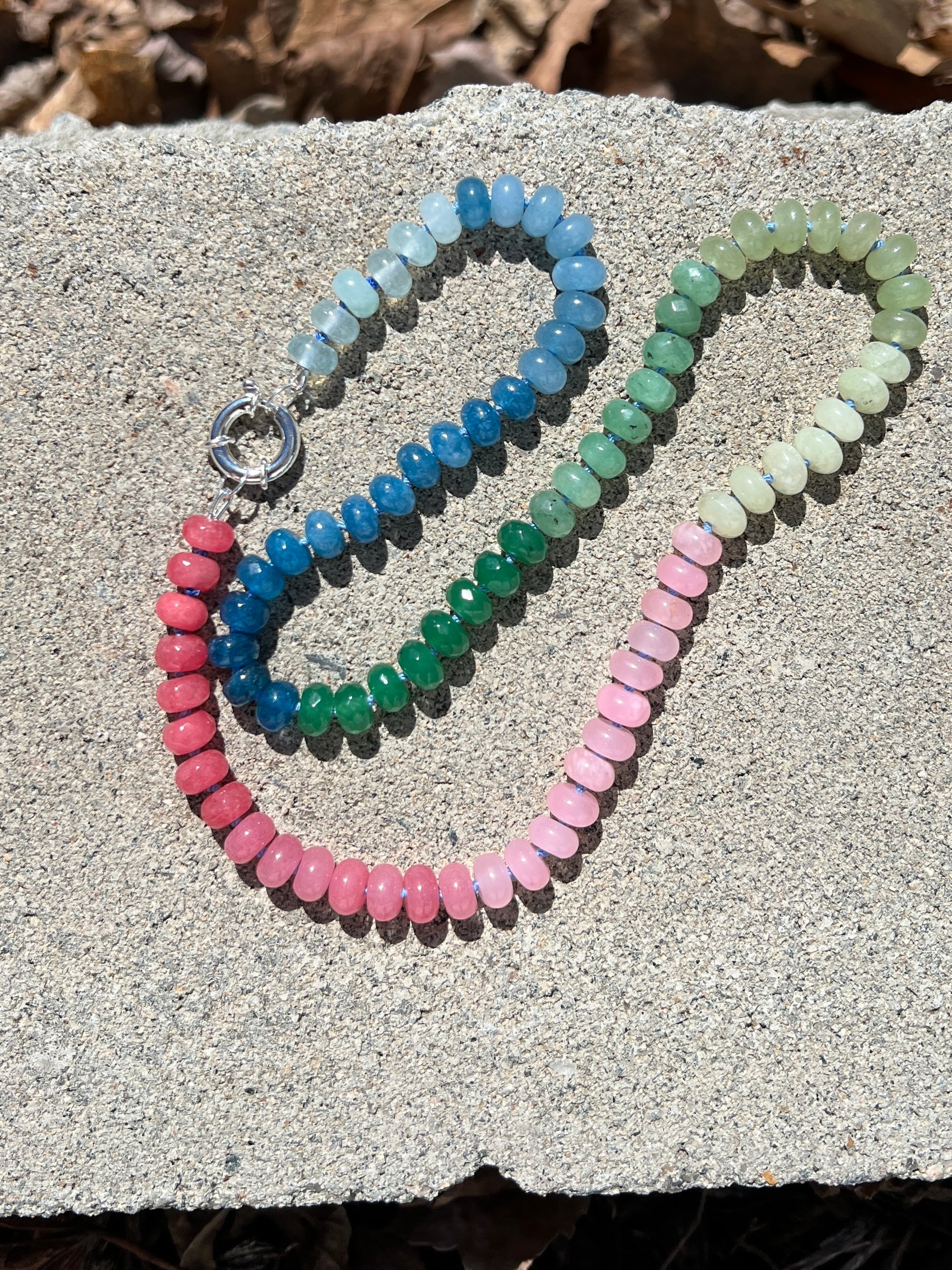 Hand Knotted Candy Gemstone NecklaceWith 8mm beads in shades of Pink, Green and Blue