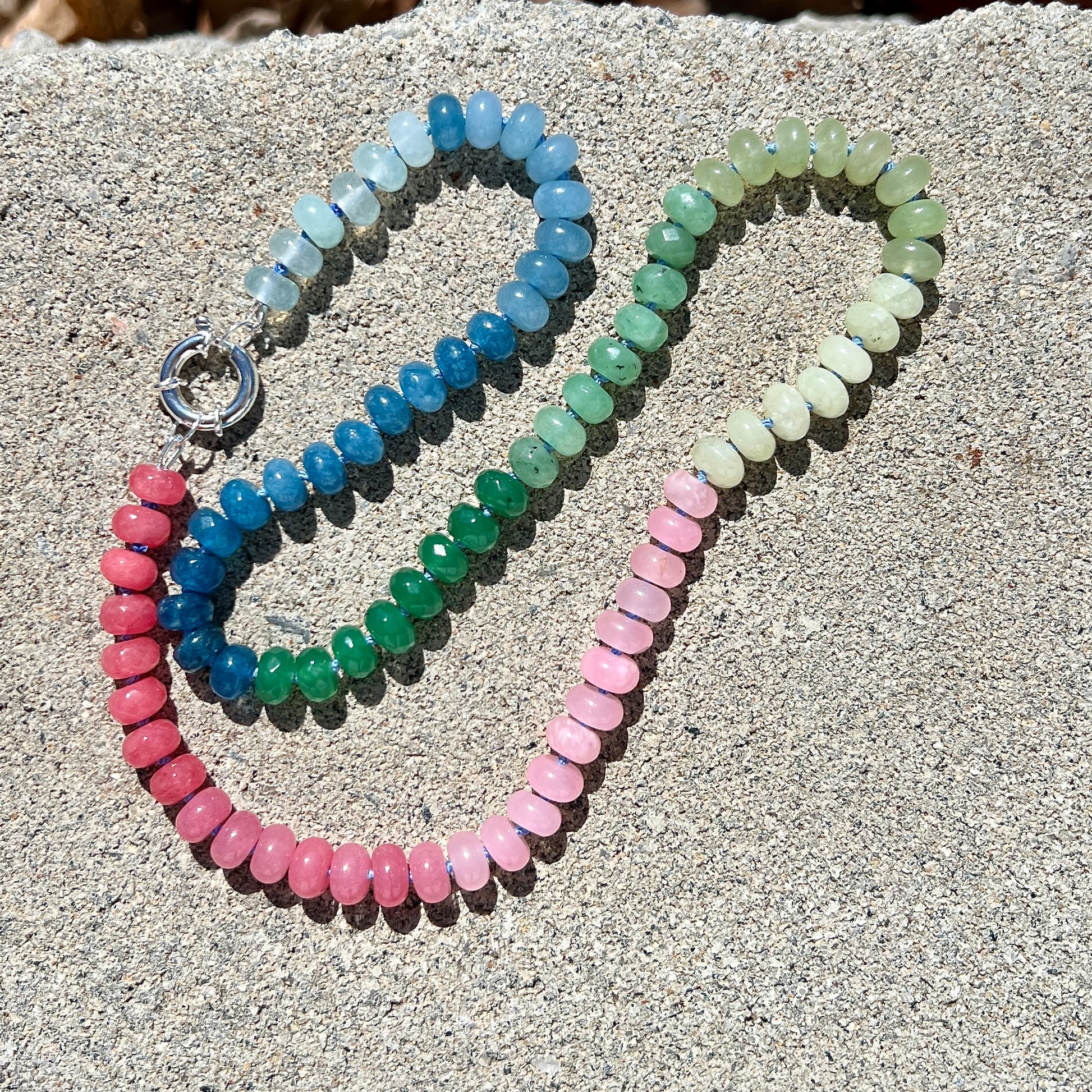 Hand Knotted Candy Gemstone NecklaceWith 8mm beads in shades of Pink, Green and Blue