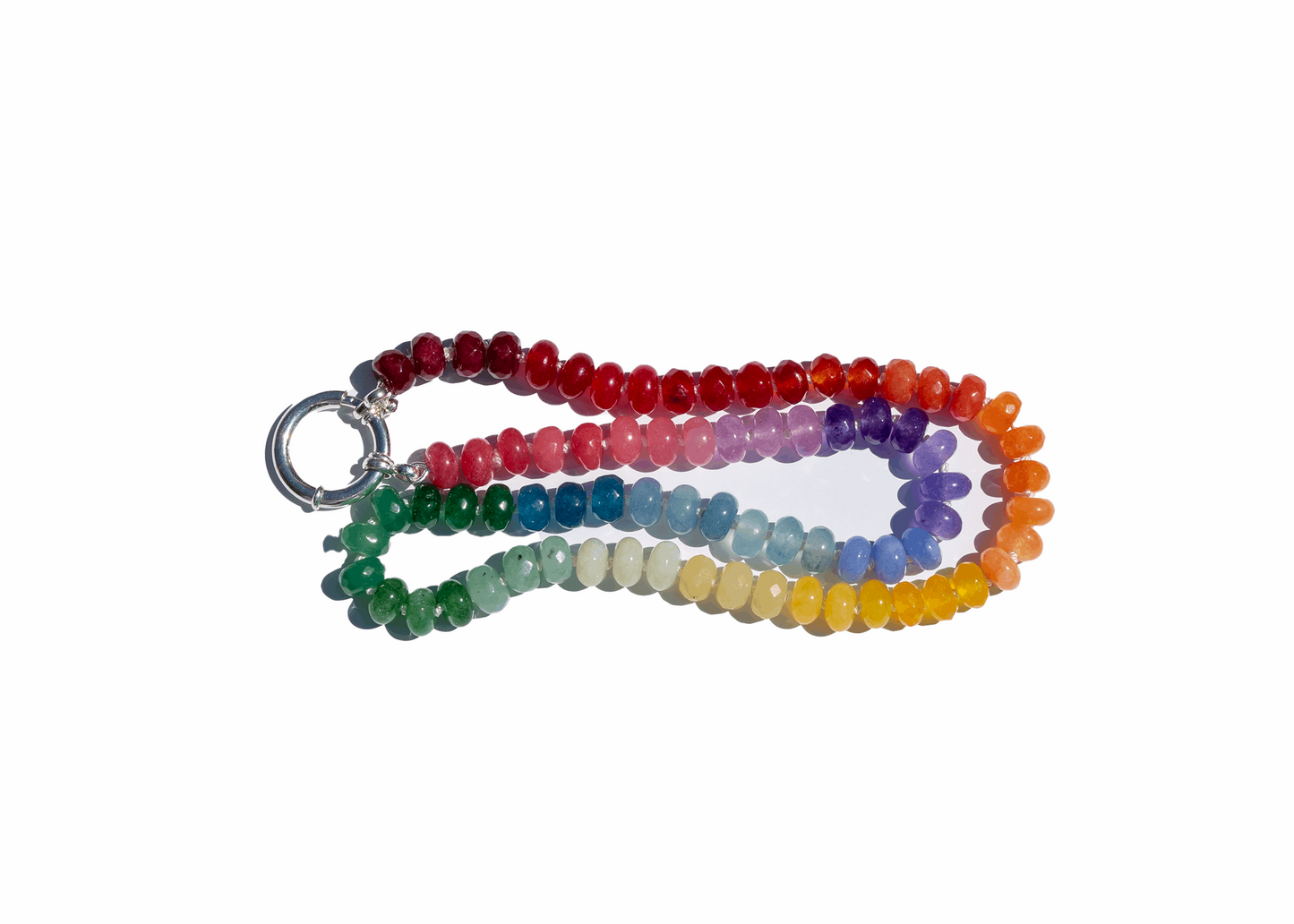Gay Pride Hand Knotted Rainbow necklace using 8mm dyed jade beads at 21 inches long. Finished with a sterling silver clasp.
