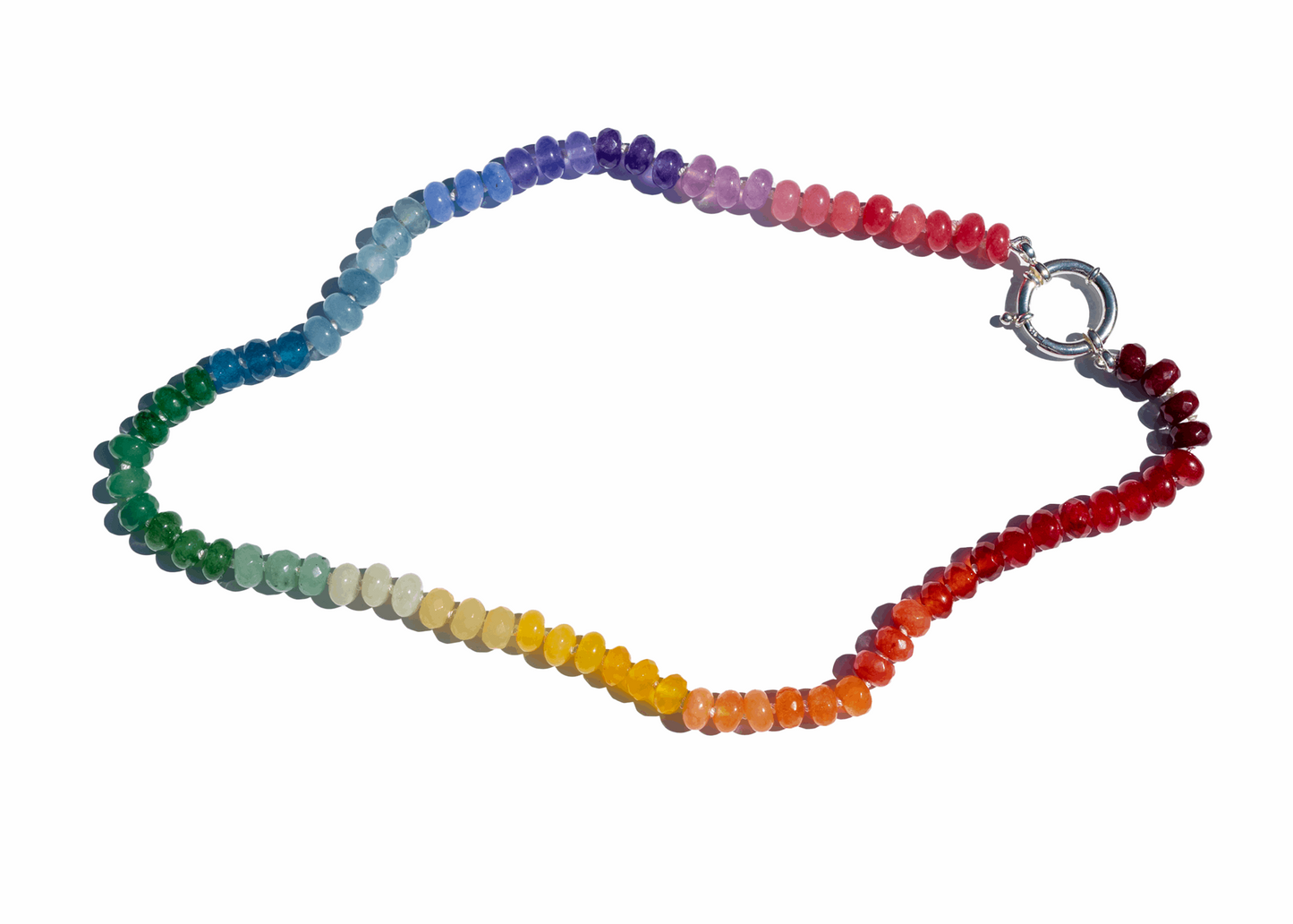 Gay Pride Hand Knotted Rainbow necklace using 8mm dyed jade beads at 21 inches long. Finished with a sterling silver clasp.