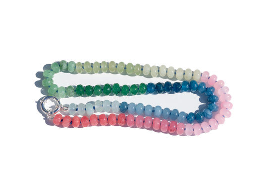 Hand Knotted Candy Gemstone NecklaceWith 8mm beads in shades of Pink, Green and Blue