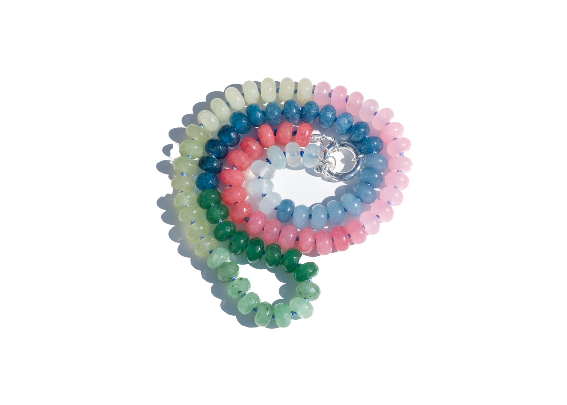 Hand Knotted Candy Gemstone NecklaceWith 8mm beads in shades of Pink, Green and Blue