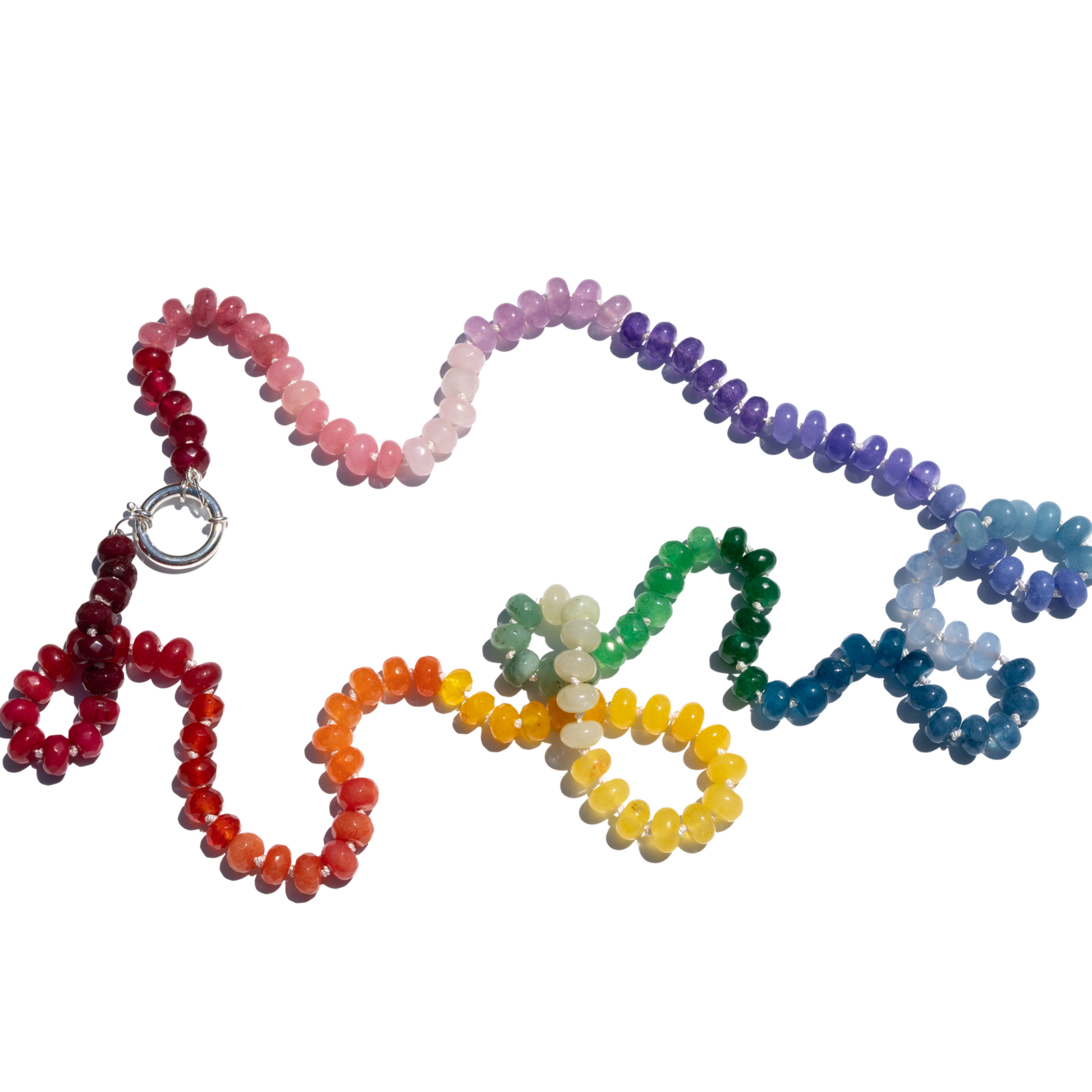 Super Long 38.5 inches dyed Jade rainbow necklace finished with a removable sterling silver clasp.