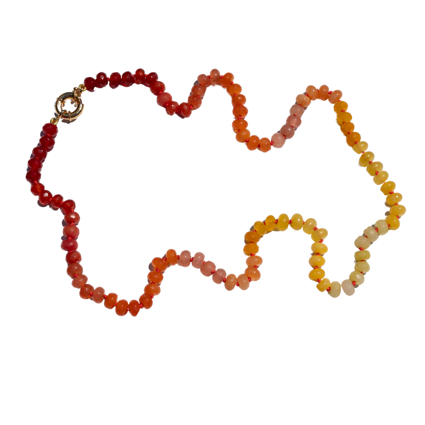 Hand Knotted Summer Sunset Gemstone Beaded Necklace. Made with orange, red and yellow Jade beads.