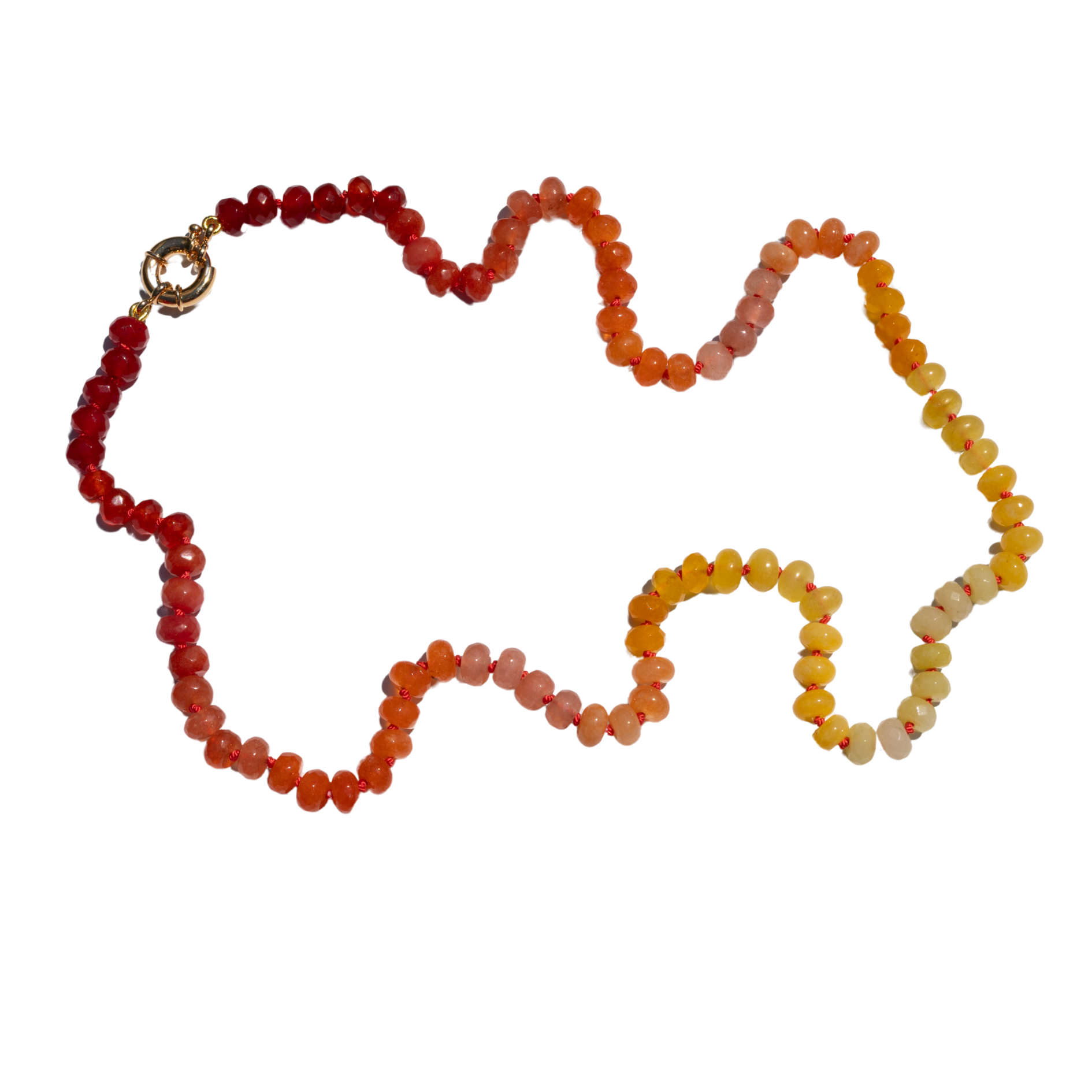 Hand Knotted Summer Sunset Gemstone Beaded Necklace. Made with orange, red and yellow Jade beads.