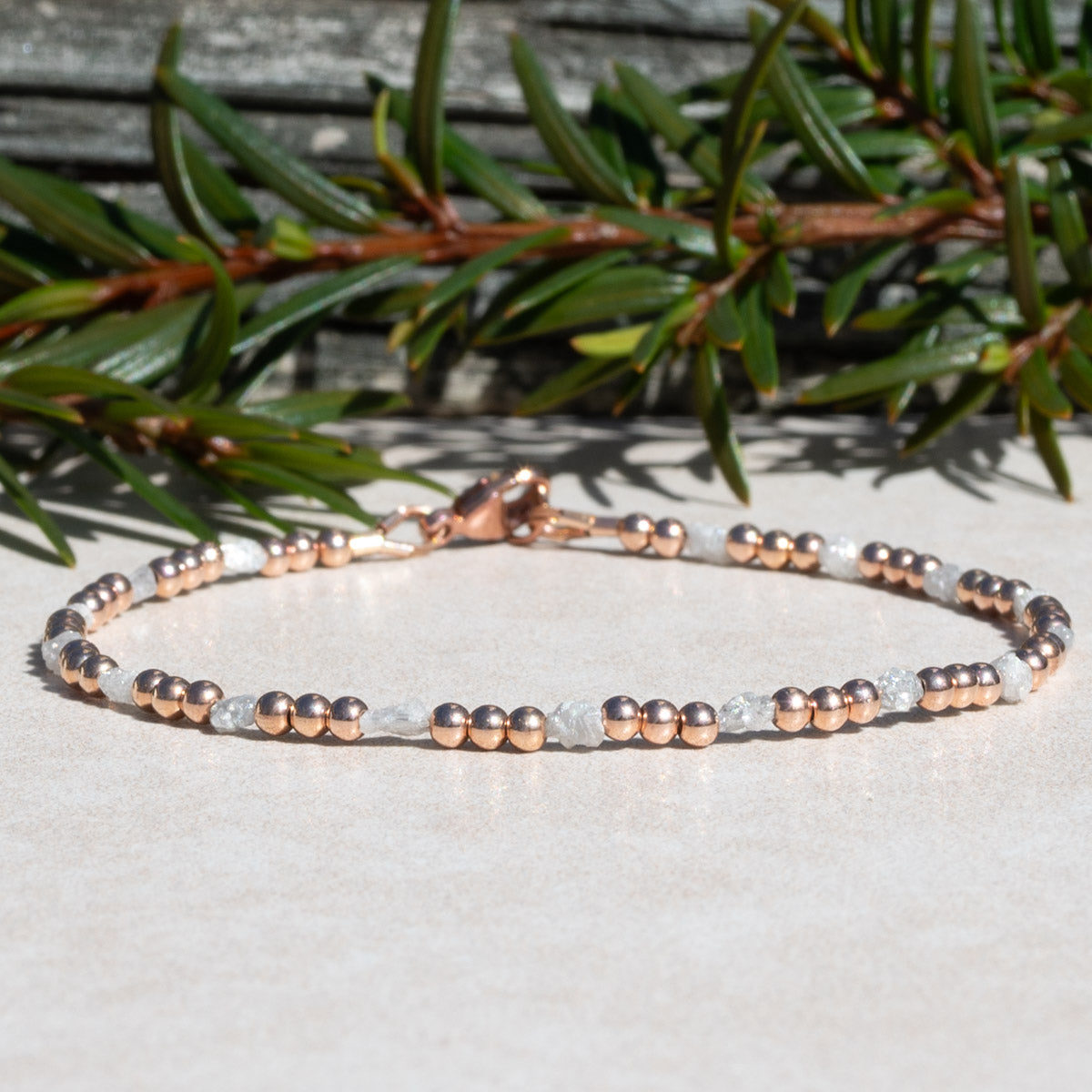 Uncut Raw Diamond Beaded Bracelet with Rose Gold Beads