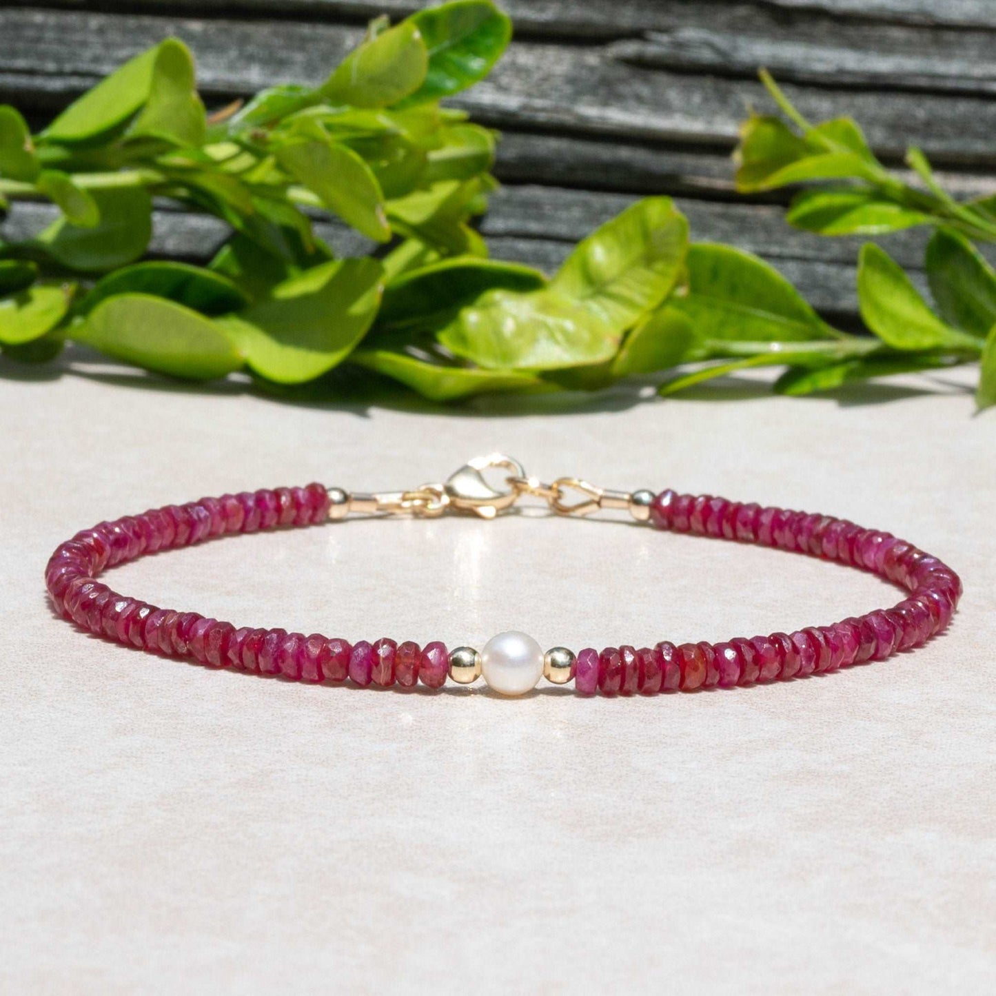 Natural Red Ruby & Freshwater Pearl June/July Birthstone Bracelet, Women's Handmade Custom Size and Finish
