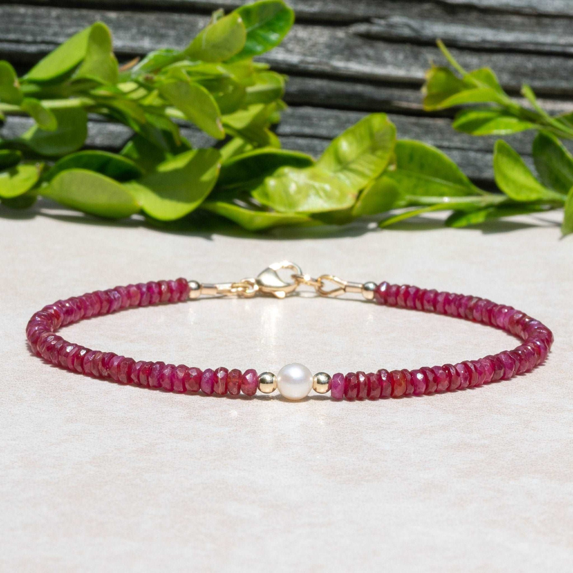 Natural Red Ruby & Freshwater Pearl June/July Birthstone Bracelet, Women's Handmade Custom Size and Finish