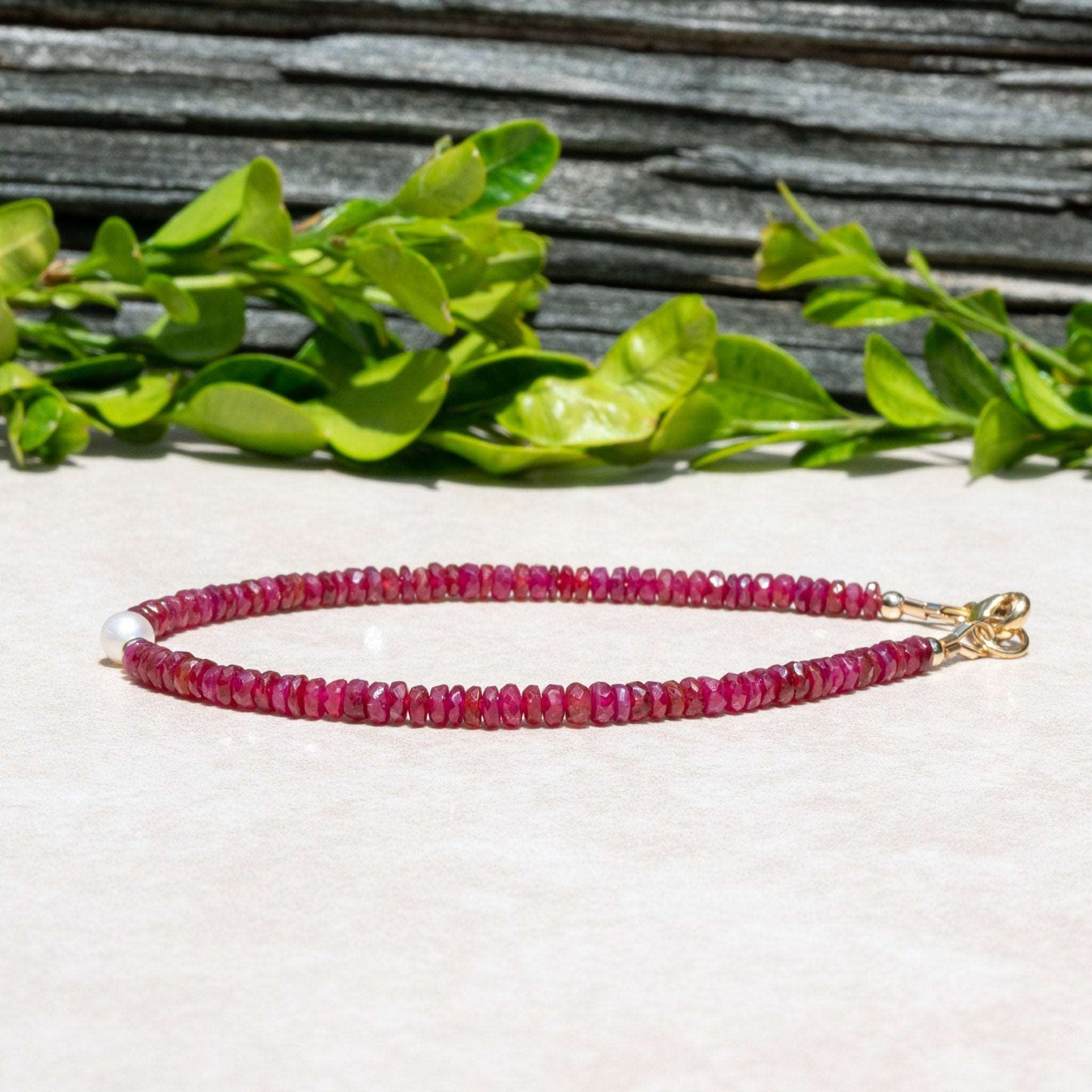 Natural Red Ruby & Freshwater Pearl June/July Birthstone Bracelet, Women's Handmade Custom Size and Finish