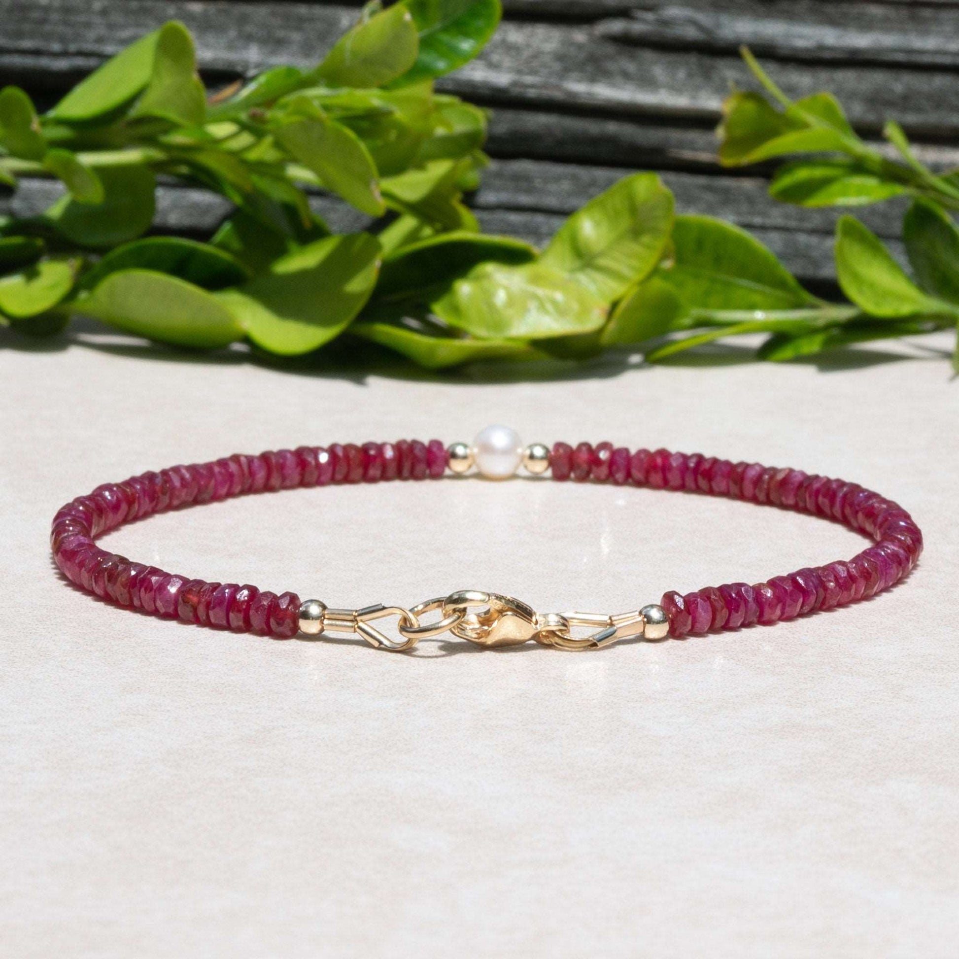 Natural Red Ruby & Freshwater Pearl June/July Birthstone Bracelet, Women's Handmade Custom Size and Finish