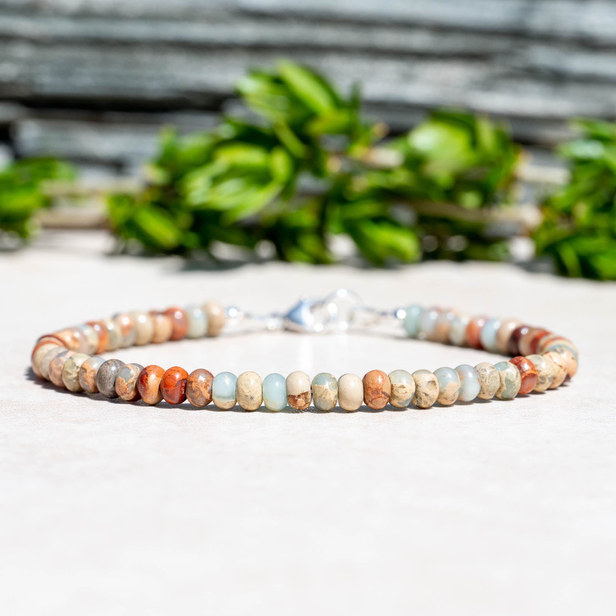 thumbnail image 2 of Natural Sea Sediment Jasper & Wood Beaded Stretch Bracelet - Adjustable 6.5-7.5 2 of 6