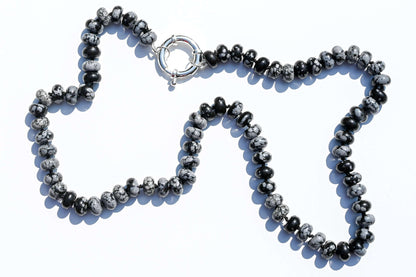 Snowflake Obsidian Hand Knotted Gemstone Necklace with Sterling Silver Clasp