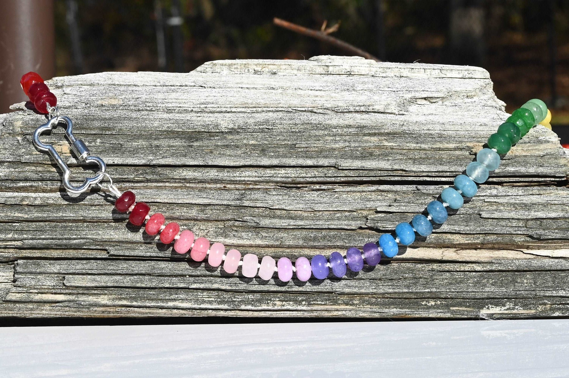 Rainbow Jade Gemstone Necklace with Sterling Silver Dog Bone Carabiner Lock