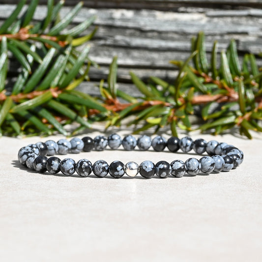 Beaded Stretch Bracelet made with Snowflake Obsidian