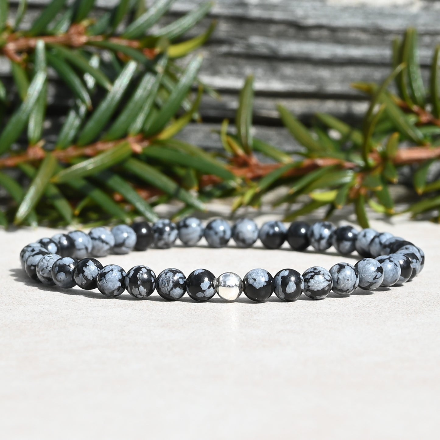 Beaded Stretch Bracelet made with Snowflake Obsidian