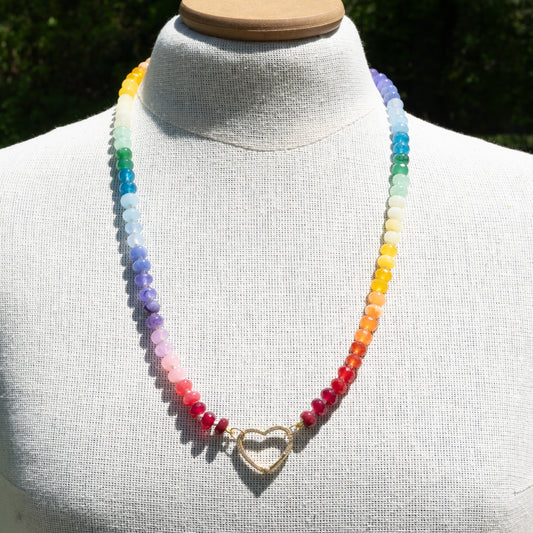 Brightly colored Ombre Rainbow Hand Knotted Gemstone Necklace with gold filled connector.
