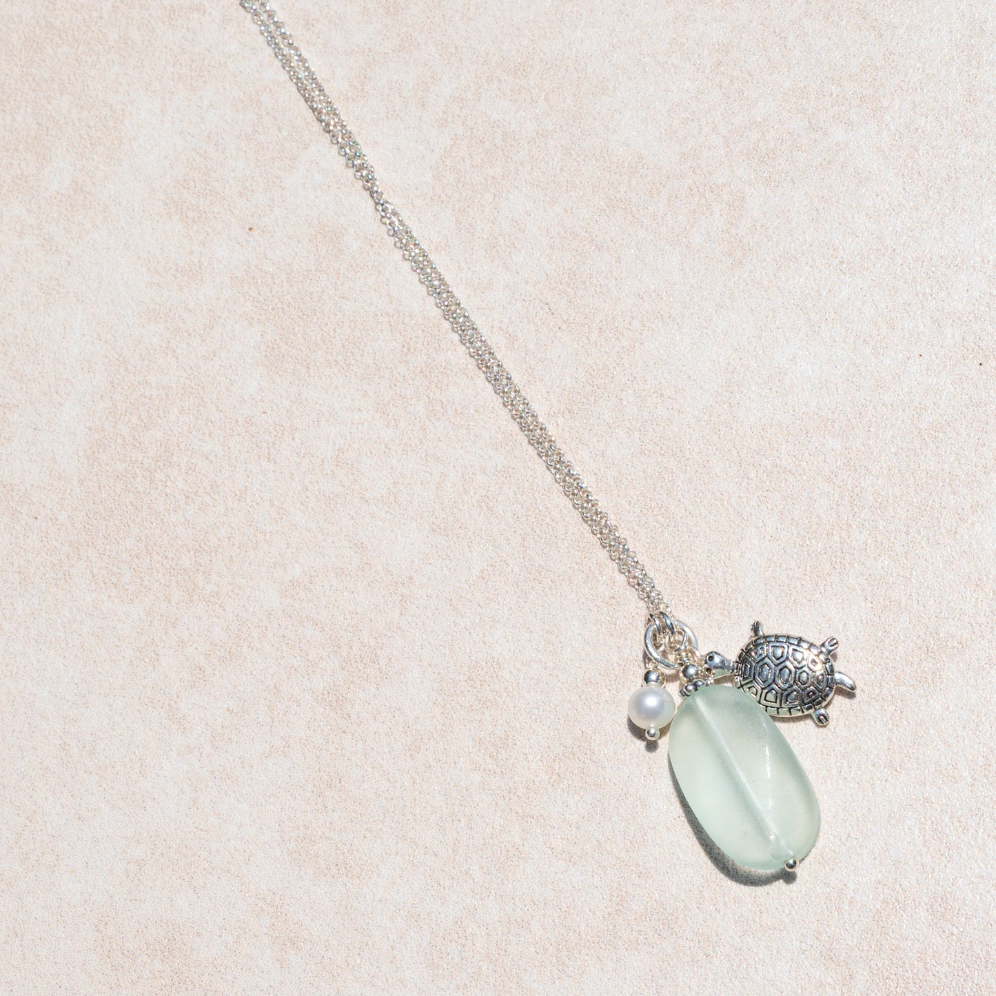 Sea Turtle, Freshwater Pearl and Sea Glass Charm Necklace