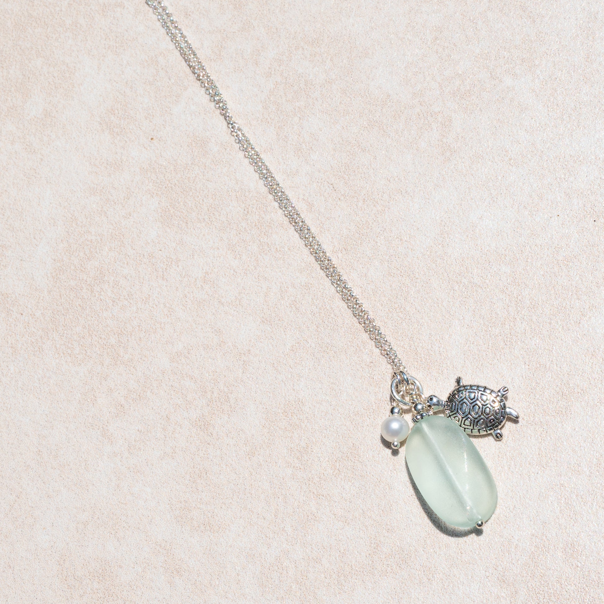 Sea Turtle, Freshwater Pearl and Sea Glass Charm Necklace