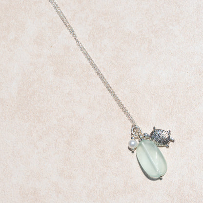 Sea Turtle, Freshwater Pearl and Sea Glass Charm Necklace