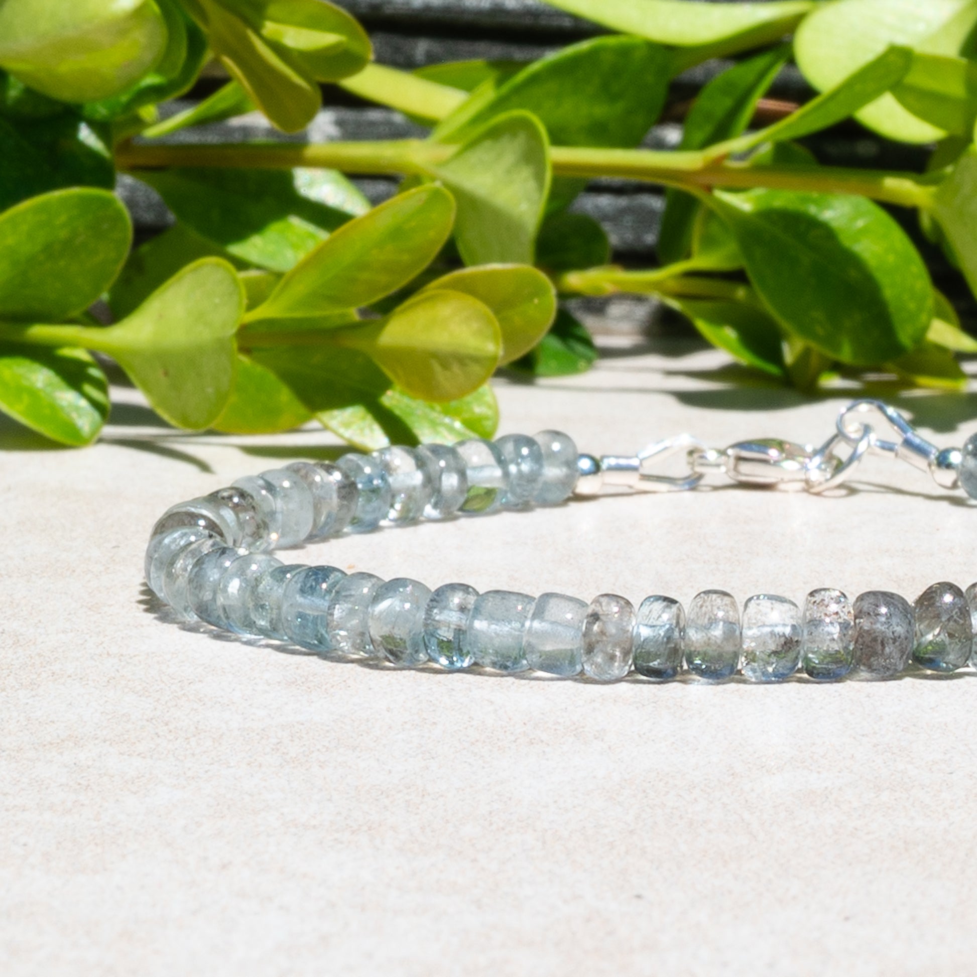 Natural Moss Aquamarine Beaded Gemstone march birthstone bracelet.