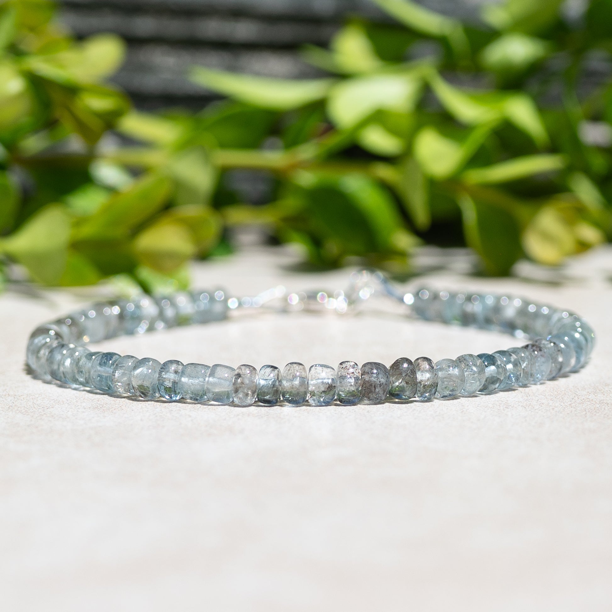 Natural Moss Aquamarine Beaded Gemstone march birthstone bracelet.