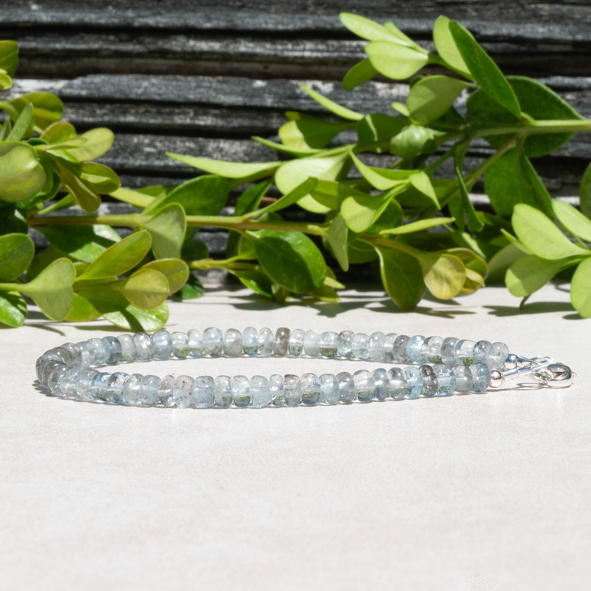 Natural Moss Aquamarine Beaded Gemstone march birthstone bracelet.