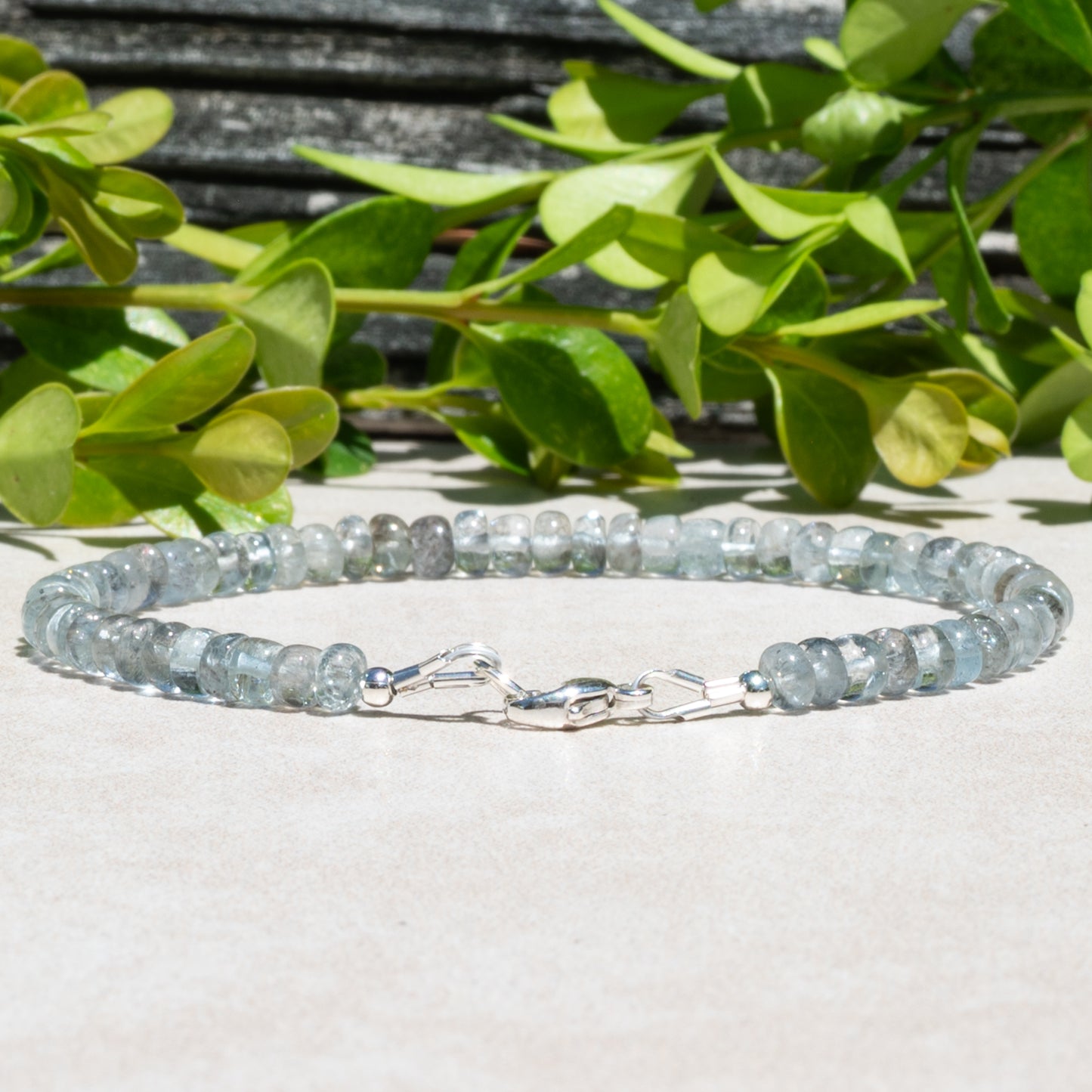 Natural Moss Aquamarine Beaded Gemstone march birthstone bracelet.