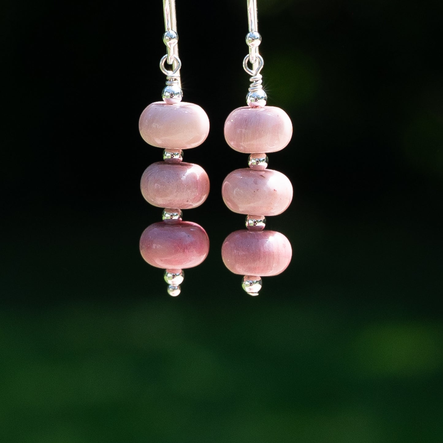 Wood Rhodonite and Sterling Silver Earrings