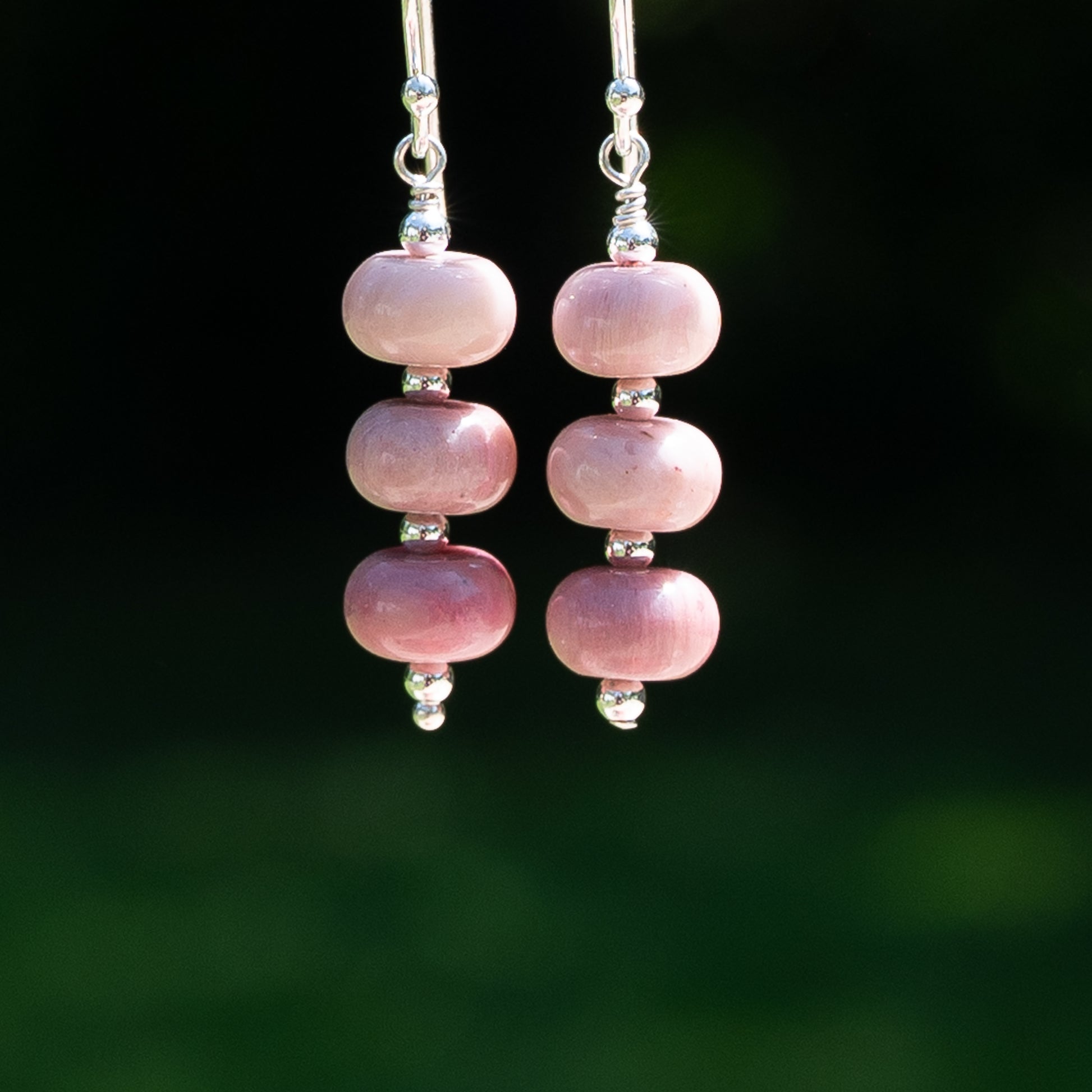 Wood Rhodonite and Sterling Silver Earrings