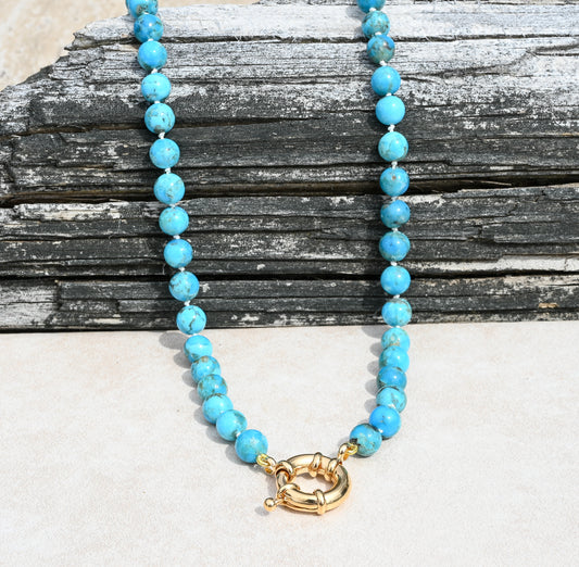 Hand Knotted Kingman Turquoise Necklace with Gold