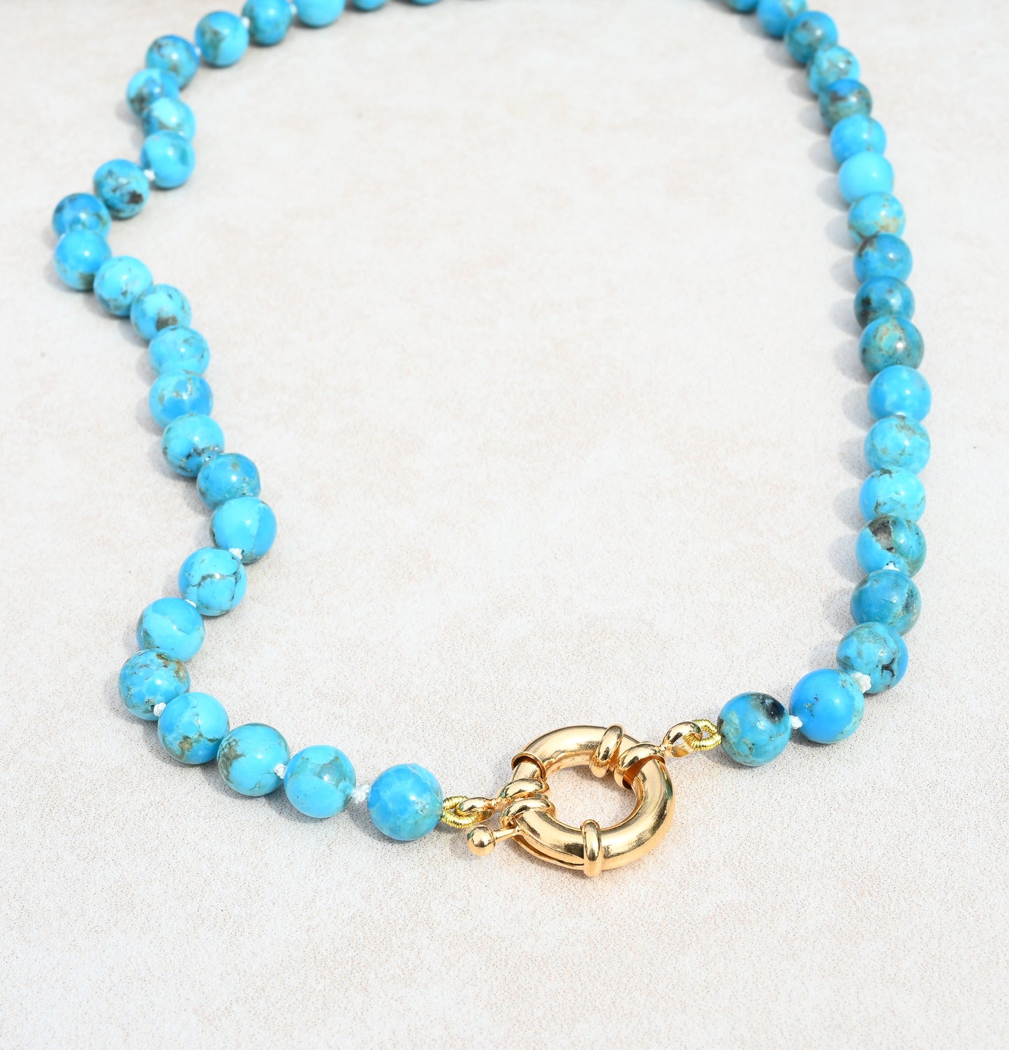 Hand Knotted Kingman Turquoise Necklace with Gold