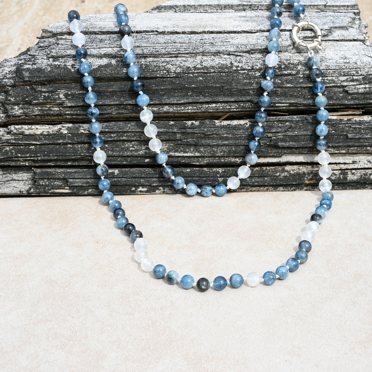 Santa Maria Aquamarine and Selenite Hand Knotted Necklace