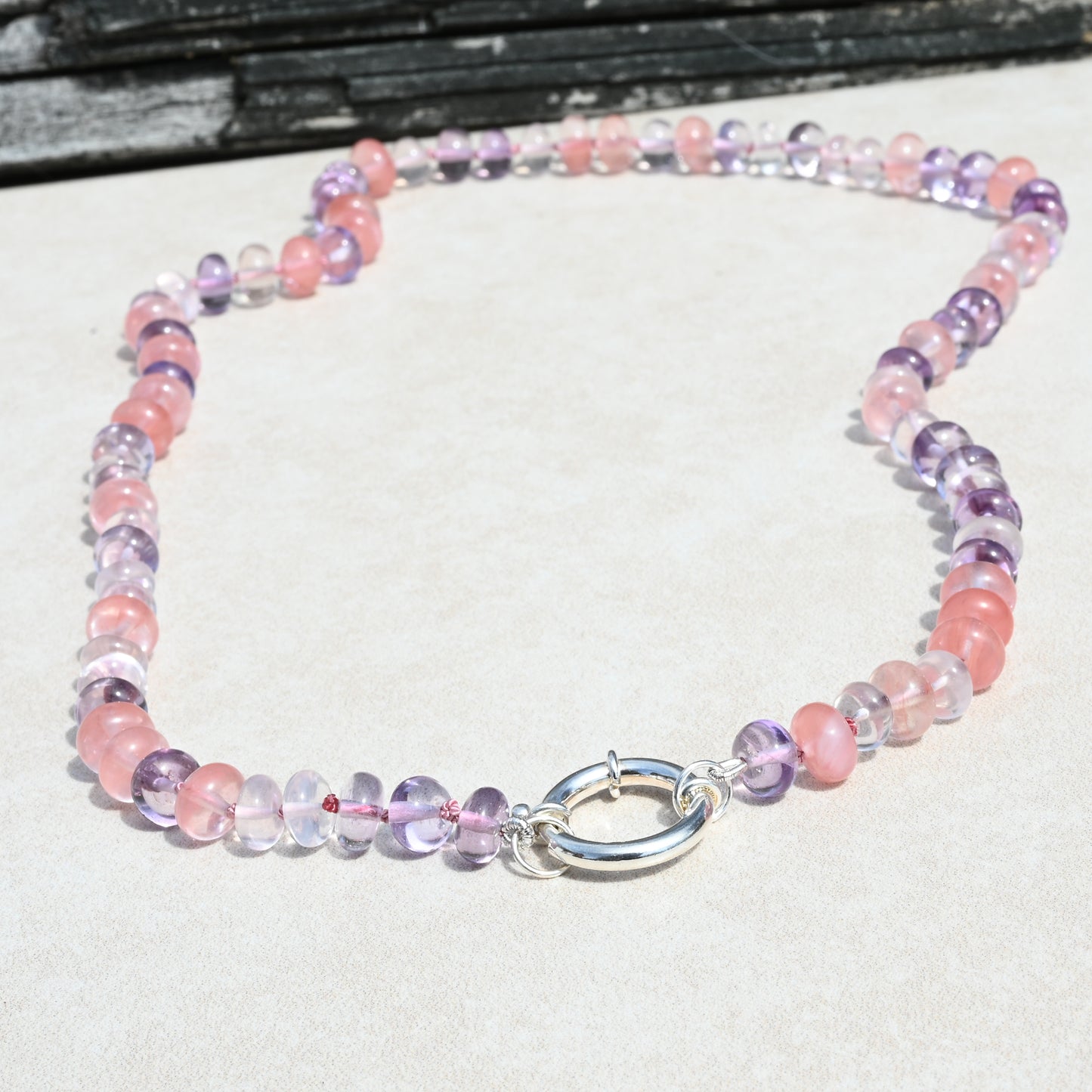 Pink Amethyst and Rose Quartz Hand Knotted Necklace