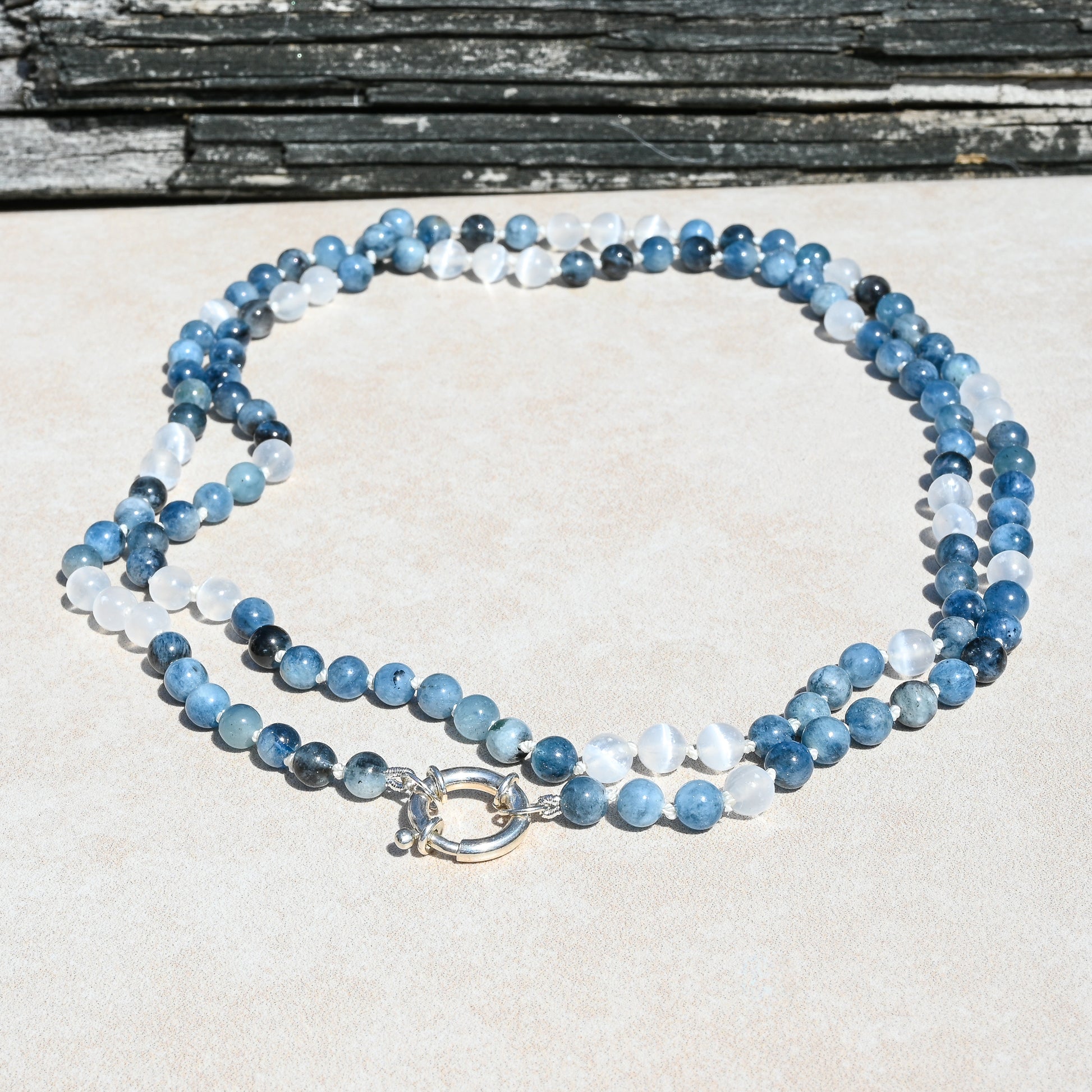 Santa Maria Aquamarine and Selenite Hand Knotted Necklace