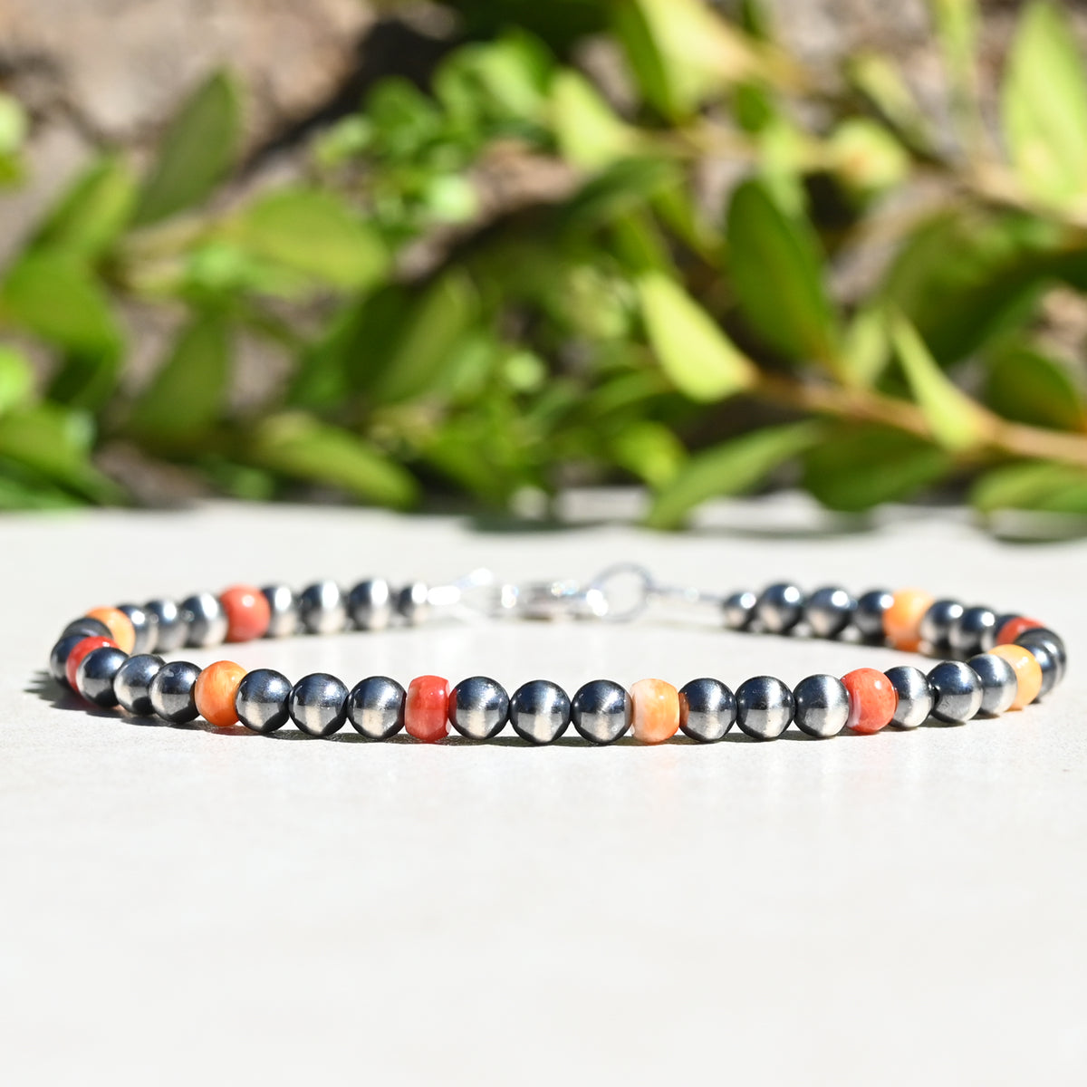Sterling Silver Navajo Style Pearl and Spiny Oyster Bracelet